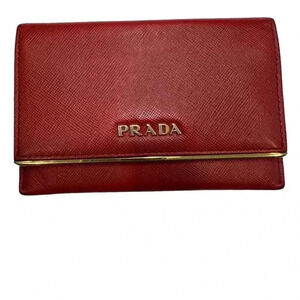 AUTHENTIC Prada Soffiano Red Leather With Gold Bar & Logo Credit Card/ID Holder